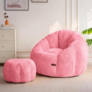 MAXYOYO Giant Bean Bag Chair with Ottoman, Pumpkin-Shaped Bean Bag Sofa with Footstool, Oversized Boneless Couch Chair in a Box, Comfy and Lazy Lounge for Dorm, Living Room, Bedroom, Pink, Floor Sofa with Ottoman