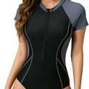 ABOCIW Womens One Piece Long Sleeve Swimsuit Rash Guard Bathing Suit Boyleg Bottom UPF 50+ Surfing Swimwear (Large, Black + Gray)