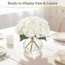 PISARRY Artificial Hydrangea Flowers with Glass Vase, White Silk Fake Floral Arrangement for Dining, Coffee Table Centerpieces Decoration, Aesthetic Faux Plants for Shelf, Bookshelf, Bathroom