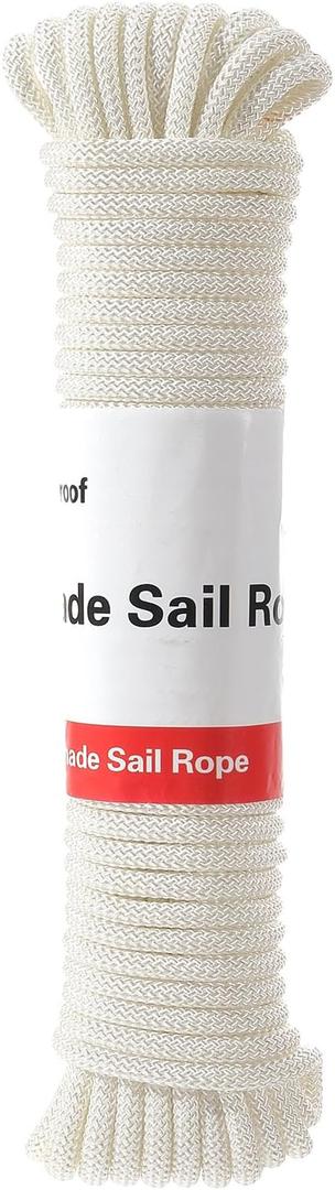 DIIG Sun Shade Sail Rope, Outdoor 50 Feet Diamond Solid Straps Braid Polyester Line - 1/4 All Purpose Tie-Down Ropes for Garden, Patio, Camping, Sailing & Flag Flying, White