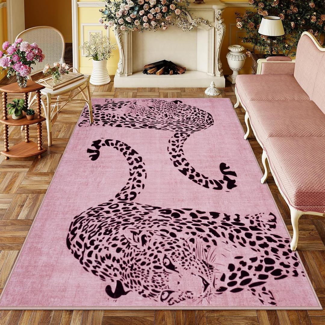 OJIA Leopard Print 5x7 Area Rugs for Living Room, Soft Washable Rugs for Bedroom Ultra-Thin Non-Slip Moden Pink Rug, Stain Resistant Nursery Rug Carpet for Kids Playroom Classroom Dining Room