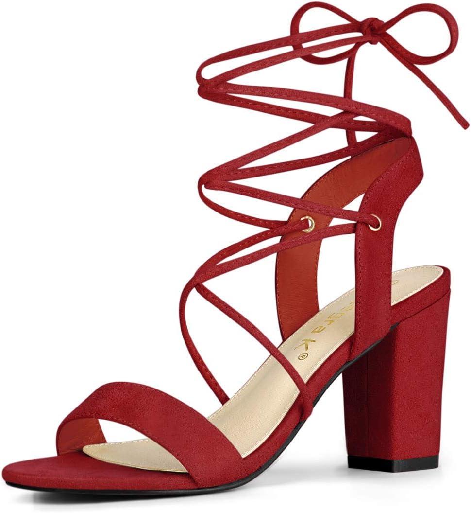 Allegra K Women's Lace Up Block High Heels Sandals (9, Red)