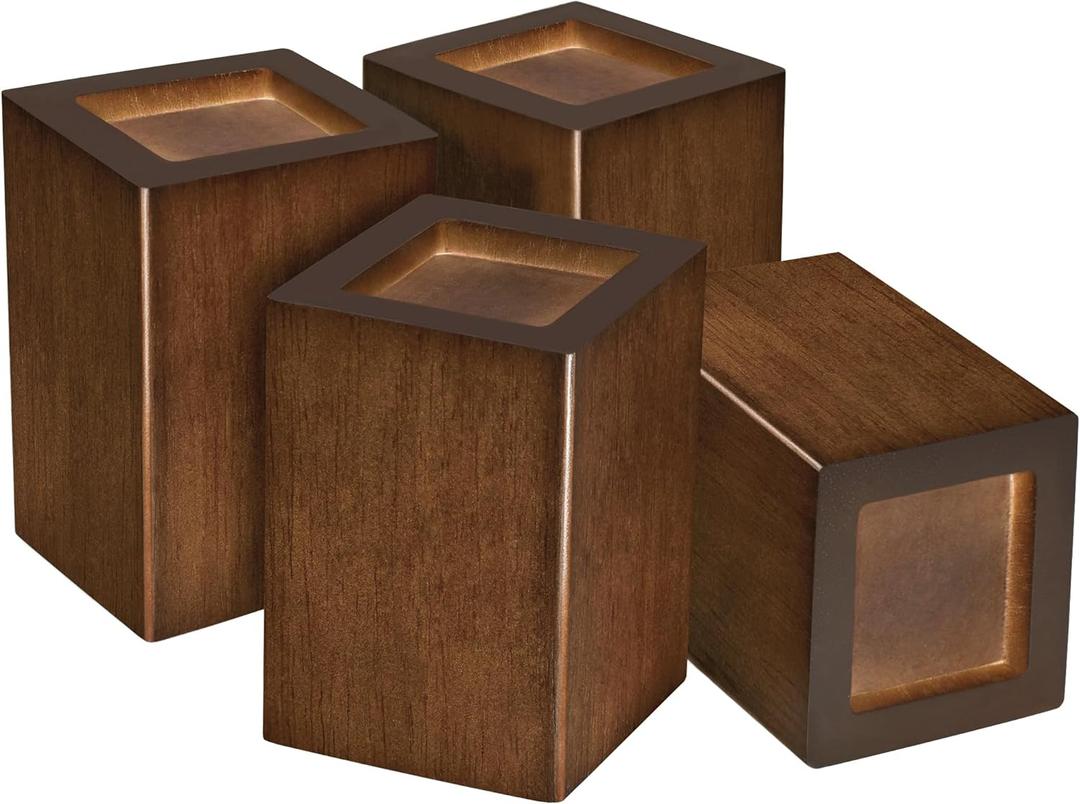 Sopicoz Wood Bed Risers Set of 4, Square Furniture Risers, 4 inch Couch Risers Heavy Duty Bed Lifters Brown Bed Frame Risers Blocks, Lifters for Sofa, Chair, Cabinet, Dresser, Nightstand (4 inch Square, Brown 4pcs)