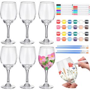 Pickmesh 6 Sets Paint Your Own Wine Glass Crafts Glass Painting Gift 12 Pcs DIY Markers 12 Colors Acrylic Paint with Brushes to Design Your Own Personalized Craft(High Feet)