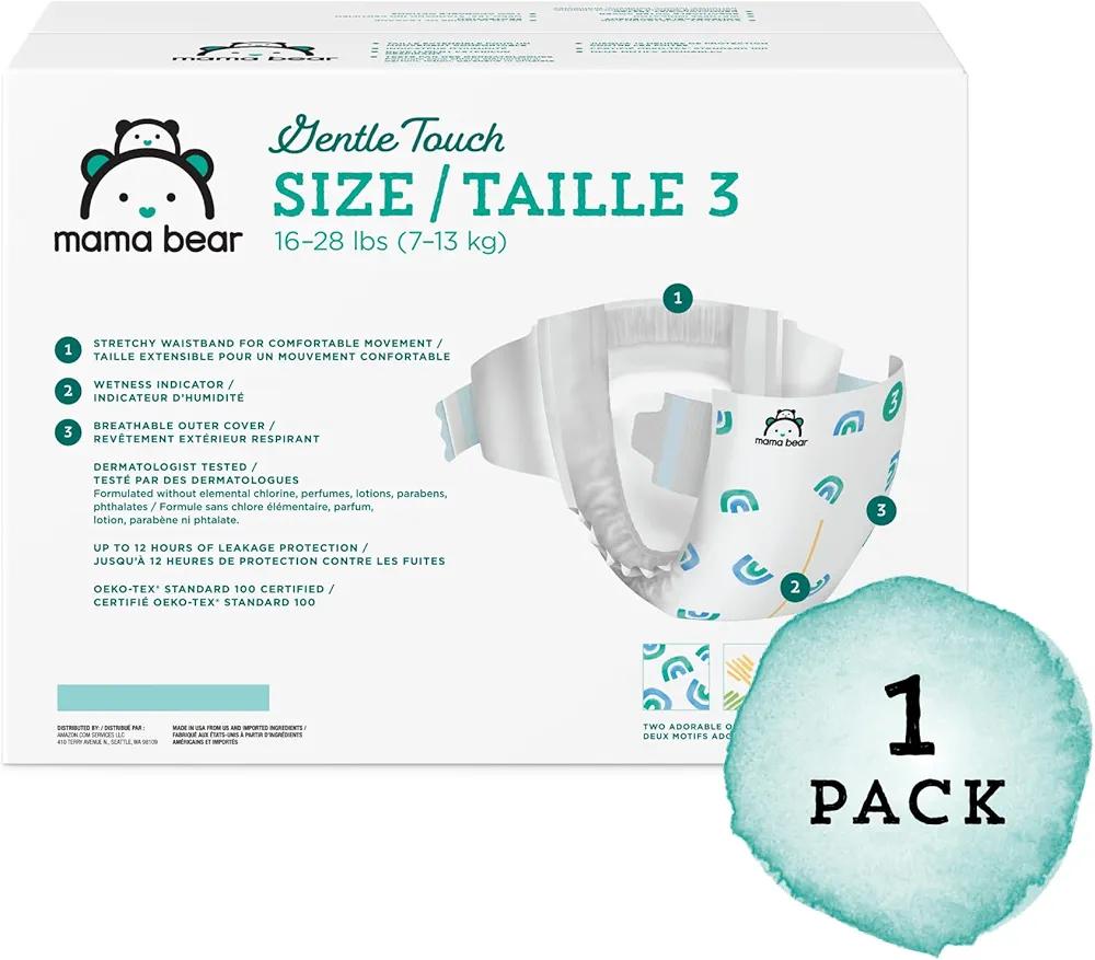 Amazon Brand - Mama Bear Gentle Touch Diapers, Hypoallergenic, Size 3, 168 Count (4 packs of 42), White