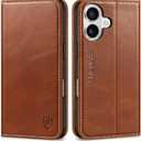 SHIELDON Case for iPhone 16 5G 6.1", Genuine Leather Wallet Flip Magnetic Closure Cover RFID Blocking Credit Card Holder Kickstand TPU Shockproof Case Compatible with iPhone 16 2024 - Retro Brown