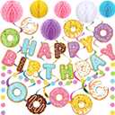 Pasimy 34 Pcs Donut Happy Birthday Banner Donut Party Decorations Doughnut Grow Hanging Swirls Candyland Wall Decor Honeycomb Balls and Dot Garland for Doughnut Birthday Baby Shower Party Supplies