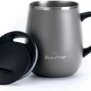 GRANDTIES Insulated Coffee Mug with Handle - Sliding Lid for Splash-Proof 16oz Wine-Glass Shape Thermal Tumbler with Double Walled Vacuum Stainless Steel to Keeps Beverages Hot or Cold-Stone Grey