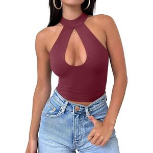 REORIA Women's Sexy Criss Cross Halter Neck Trendy Summer Sleeveless Nightout Cute Y2K Cutout Clubwear Going Out Crop Tops Concert Outfits for Women (Burgundy Medium)