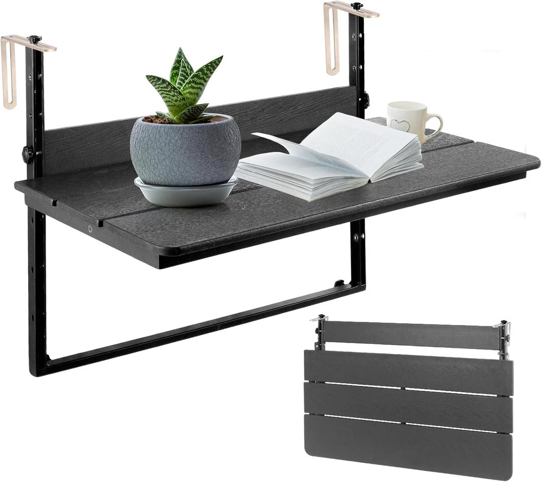 Balcony Railing Hanging Table Outdoor Folding Balcony Bar Table for Railings Patio Side Table with Adjustable Height for Deck, Patio,39.3"(L) x 15.0"(W), Black