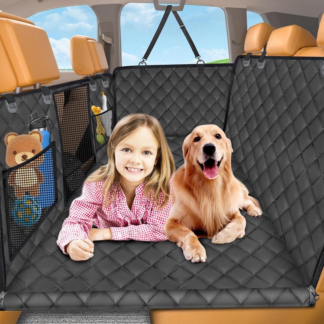 URPOWER Back Seat Extender for Dogs - Hard Bottom Dog Car Seat Cover Holds 400 lbs, Waterproof Dog Hammock for Cars, SUVs & Small Trucks, Pet Backseat Protector with Mesh Window & Large Space (L - Car / Mid-Size SUV / Mid-Size Truck, Black)