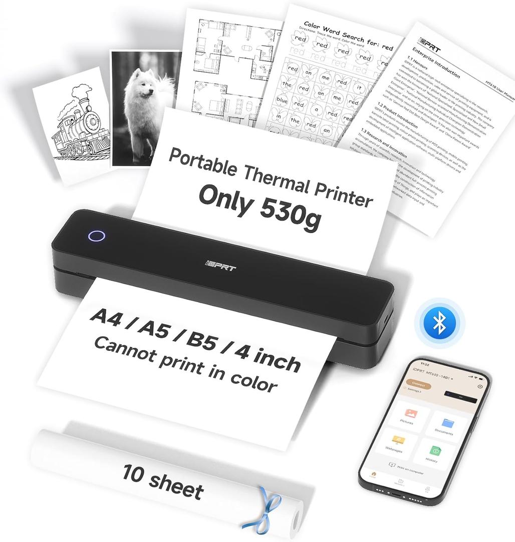 iDPRT MT610 Portable Thermal Printer, 300DPI HD Mobile-Travel-Printers, Inkless-Wireless-Small-Printer for Home Use, Office, Vehicles, Bluetooth Printers Supports 8.5 x 11 US Letter&A4&A5, Deep Black
