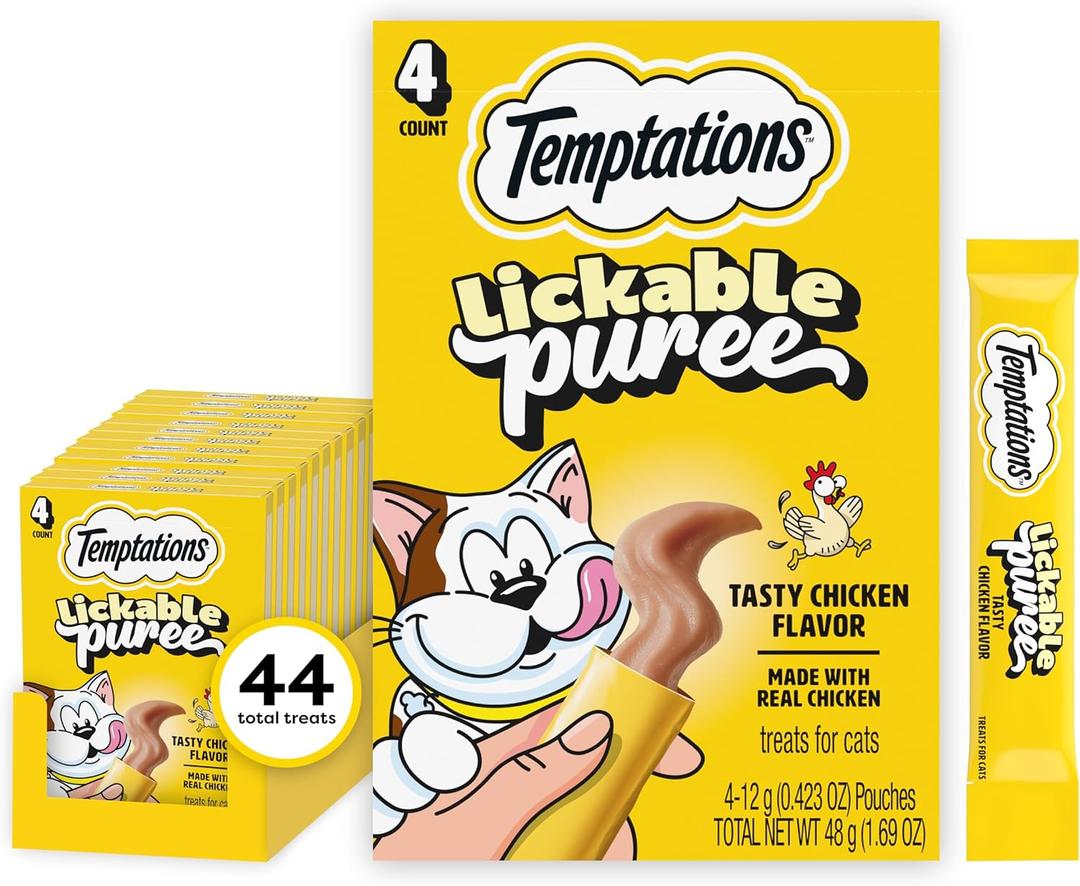 Temptations Creamy Puree Squeezable Lickable Wet Cat Treat with Chicken, 0.42 oz. Tubes, 4 Count (Pack of 11)