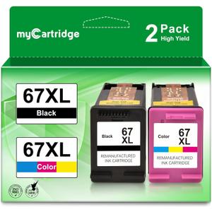 myCartridge Remanufactured 67XL Ink Cartridge Replacement for DeskJet 2855e 2755e 2700 2700e 2752e 4155e Envy 6055e 6000 6400 6455e, Black, Tri-Color, 2-Pack (67XL BLACK COLOR)