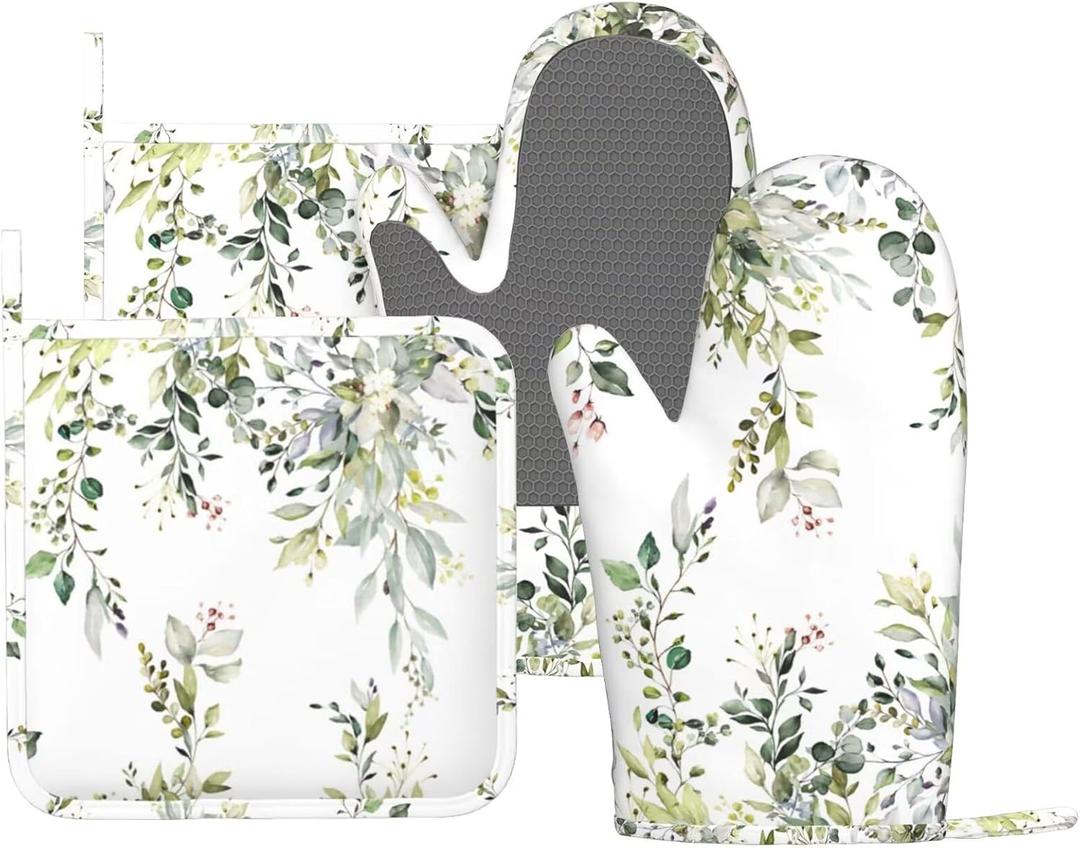 Sage Green Eucalyptus Oven Mitts Pot Holders Set Silicone Kitchen Gloves Watercolor Butterfly Leaves Potholders Non-Slip Heat Resistant for Chef Baking Cooking Grilling 4 pcs Kitchen Mitts