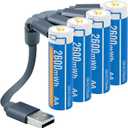 2 x Henreepow 1.5V AA Lithium Rechargeable Batteries, High Capacity 2600mWh(1700mAh) Double A Lithium ion Rechargeable Battery, 1200 Cycles with 4 in 1 USB Charging Cable (4 Pack with Storage Box)