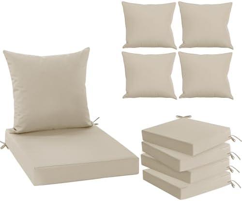 Summsun Outdoor Chair Cushions Set of 4, Waterproof Backrest and Deep Seat Cushion Set for Patio Furniture, Outdoor Sofa Replacement Cushions with Removable Cover, 24 x 24 Inch, Cream