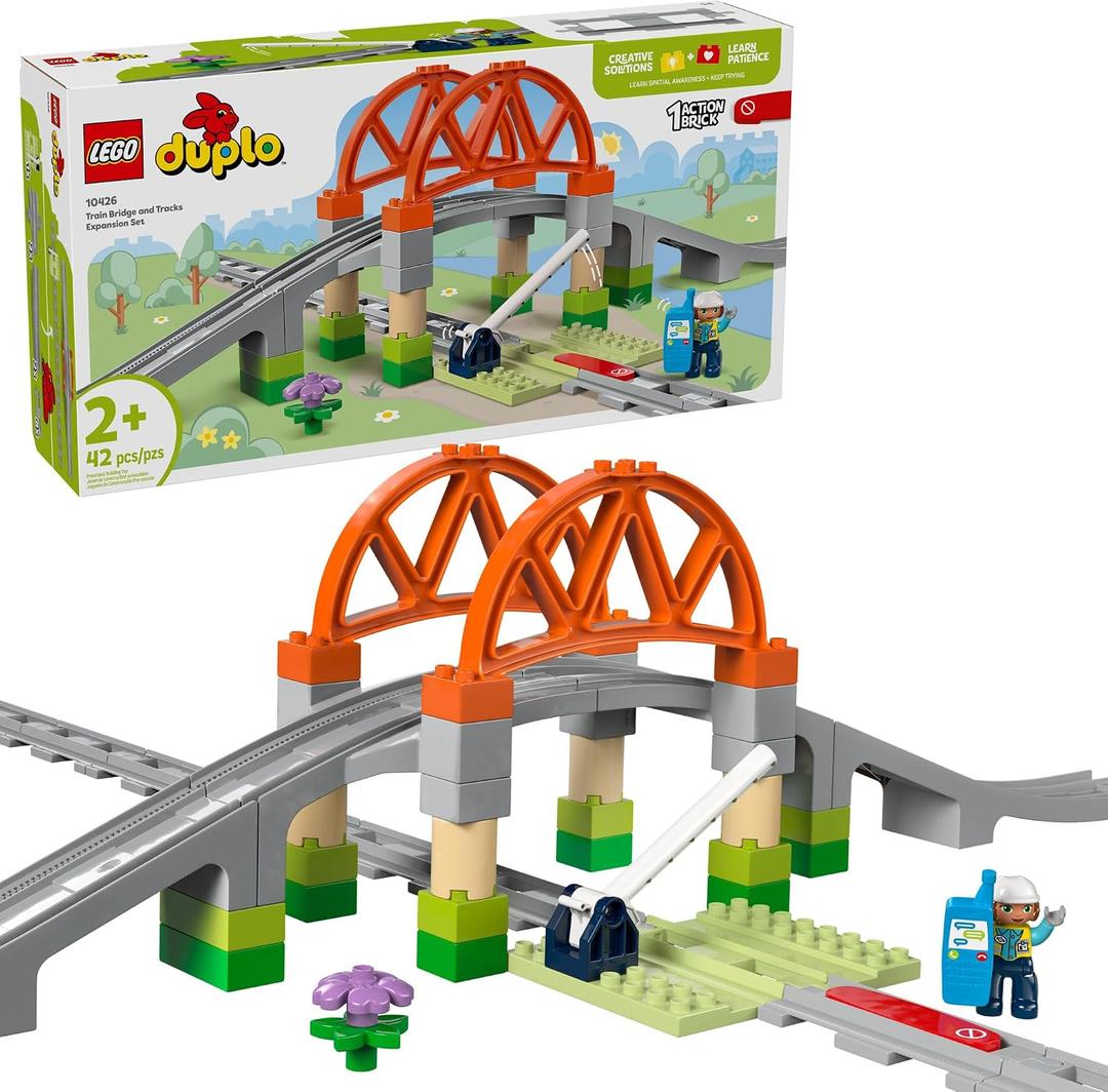 LEGO DUPLO Town Train Bridge and Tracks Expansion Set - 10 Extra Pieces of Train Tracks - Preschool and Toddler Train Set, Ages 2+ - Building Toy for Boys and Girls - 10426, 6.00 x 41.00 x 9.50 inches