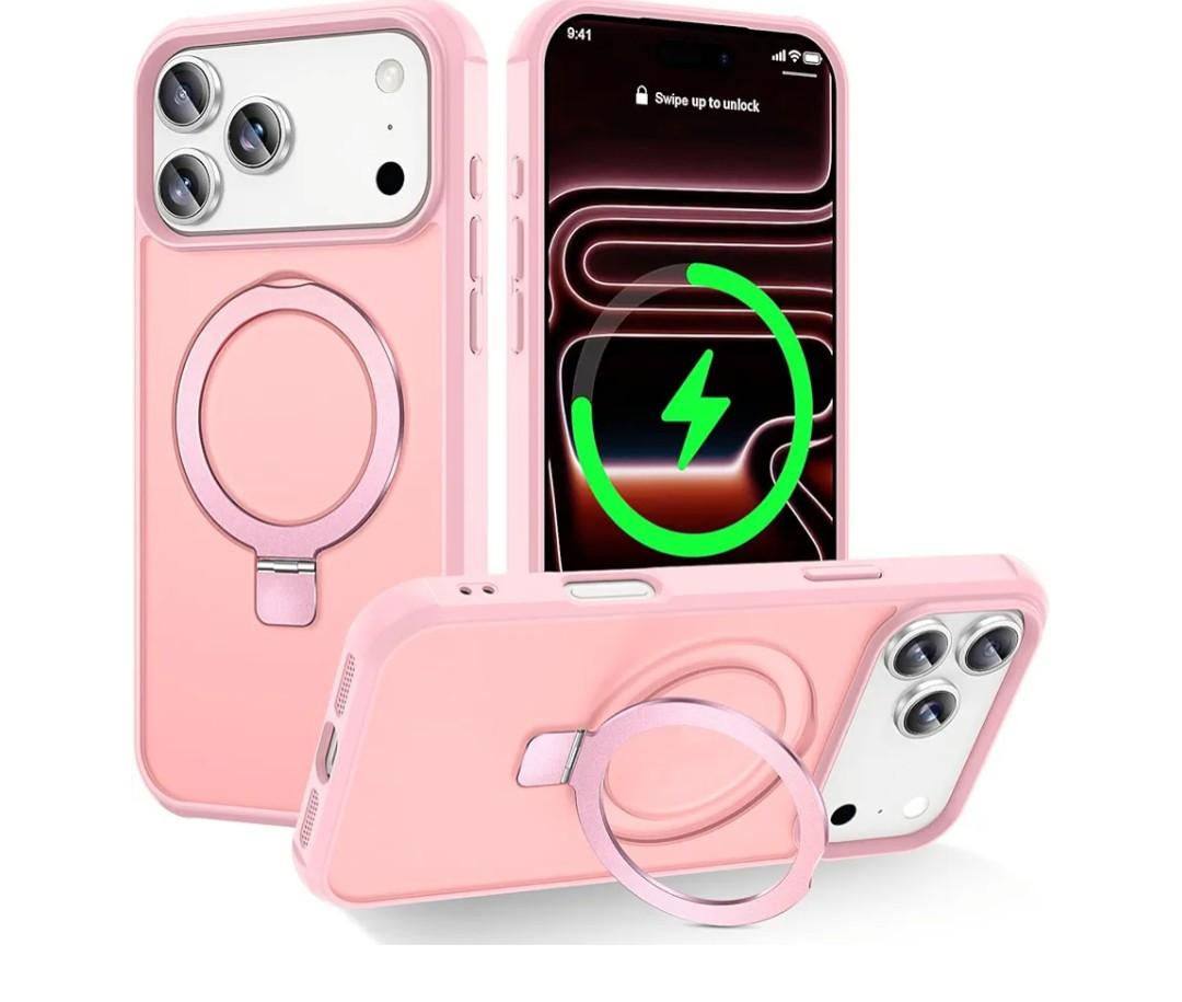 CHAOFEnG Magnetic Compatible with iPhone 17 Pro Max Case with Stand Military Grade Drop Tested Compatible with Magnet Ring Translucent Slim Hard Back Soft Edge, Pink Amazon's Choice