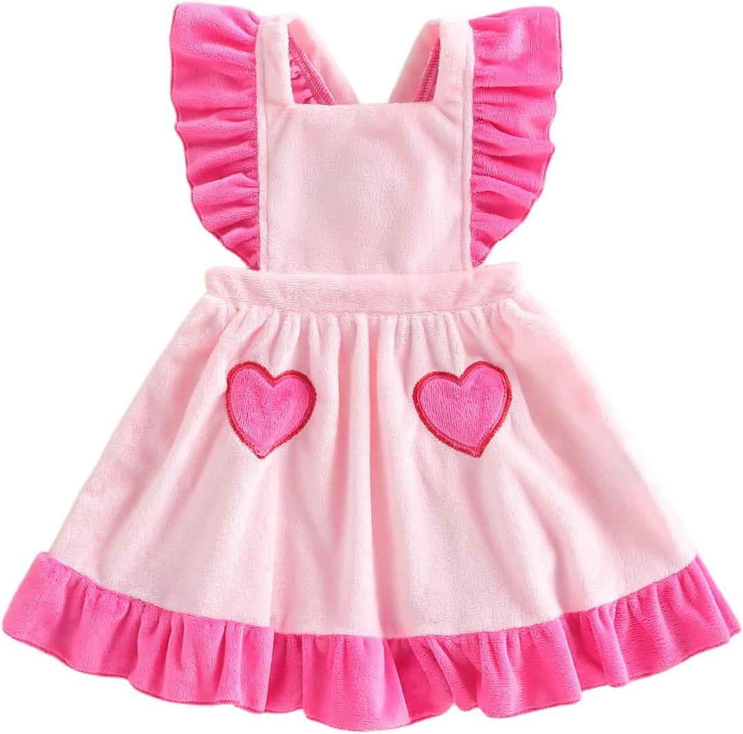 Toddler Baby Girl Valentines Day Outfit Ruffle Sleeveless Heart Plush Suspender Dress Backless Playwear (Rose Red, 12-18 Months)