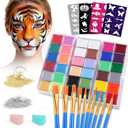 VESPRO Face Painting Kit For Adult Party,32 Colors Professional Oil Face&Body Paint Kit with 10 Brushes 4 Reusable Face Stencils,2 Glitters and 2 Sponges for Adults Halloween Makeup