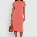 Rib Knit Shadow Stripe Fixed Cuff T-Shirt Dress - Rust, Medium