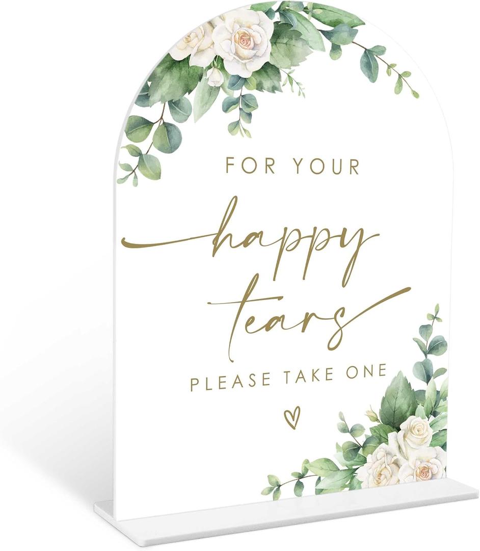 Eucalyptus Rose Happy Tears Tissue Sign, 6 x 8 Inch White Arch Acrylic Wedding Sign with Holder, Wedding Sign for Ceremony and Reception, Wedding Decoration, Wedding Supplies - AM25