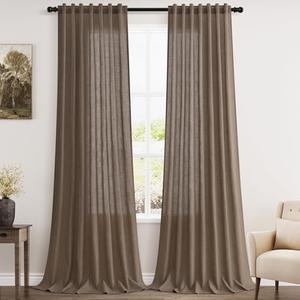 Extra Long Light Brown Curtains 2 Panels 102 Inches Long for Living Room Back Tab Rod Pocket Light Filtering Semi Sheer Drapes Cotton Linen Textured Window Curtain 102 Inch Length for Bedroom 9 FT