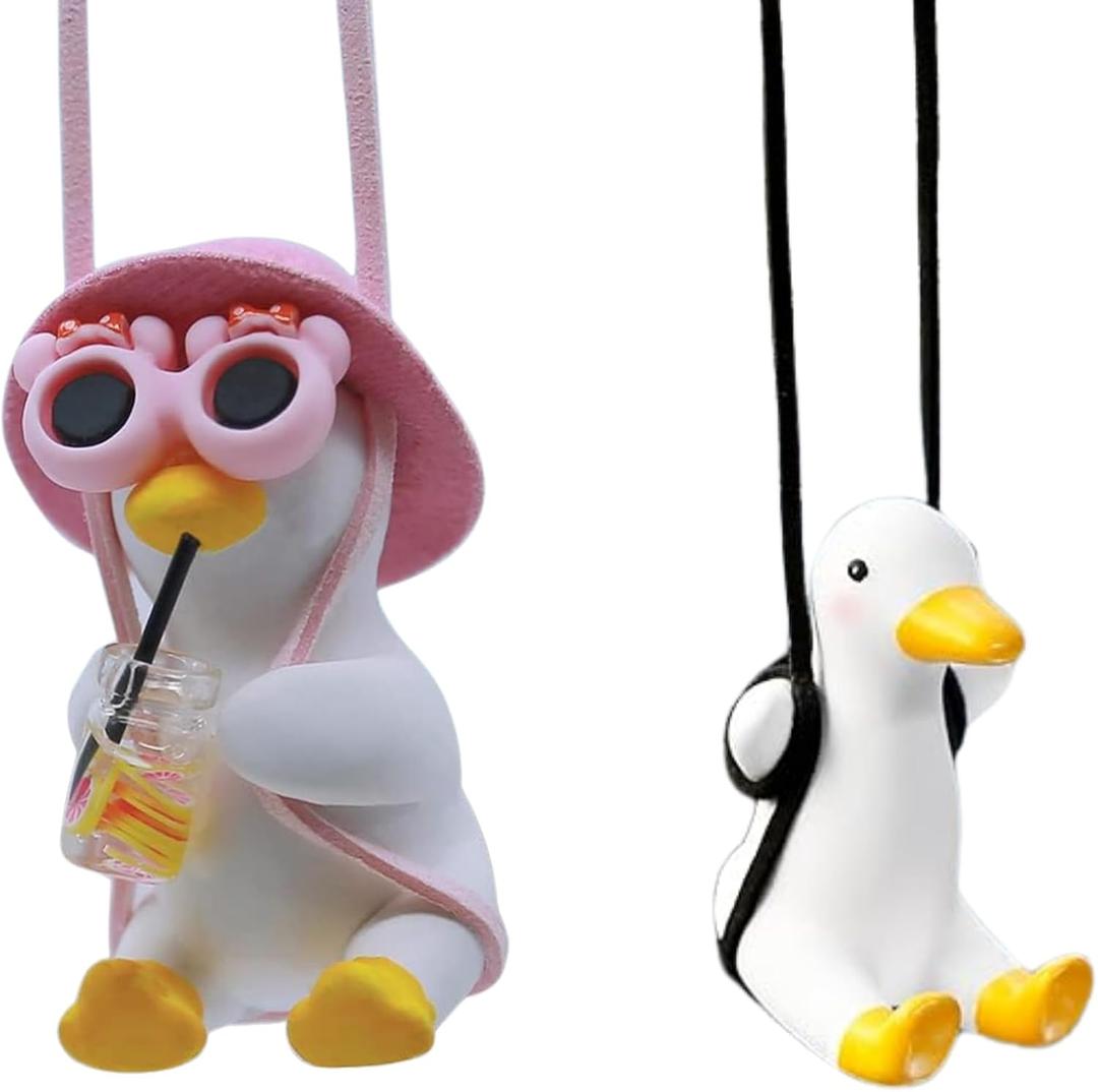 2Pcs Cool Swinging Duck Car Ornament  Cute Rearview Mirror Hanging Accessory, Dashboard Dcor, Duck Gift for Drivers and Car Lovers