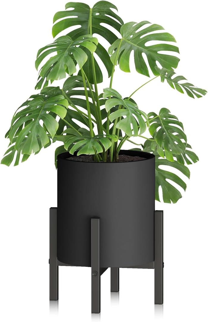 10 inch Black Cylinder Plant Pots with Heavy Duty Stand,Durable Planters for Flowers,Large Plant Pot for Indoor and Outdoor, Decorative Modern Flower Pots with Drainage Hole (10 inch (with stand))