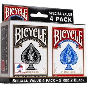 Bicycle Playing Cards 4 Pack, Standard Index Poker Size Decks in Red and Black for Poker, Blackjack, Rummy, Family Game Nights, and Classic Card Games, All Ages