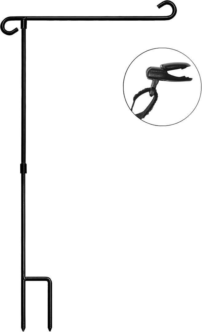 HOOSUN Garden Flag Stand Holder Pole Easy to Install Strong Sturdy wrought iron Fits 12.5" x 18" Mini Flag with 1 Tiger Clip Curved hook with S type (1)