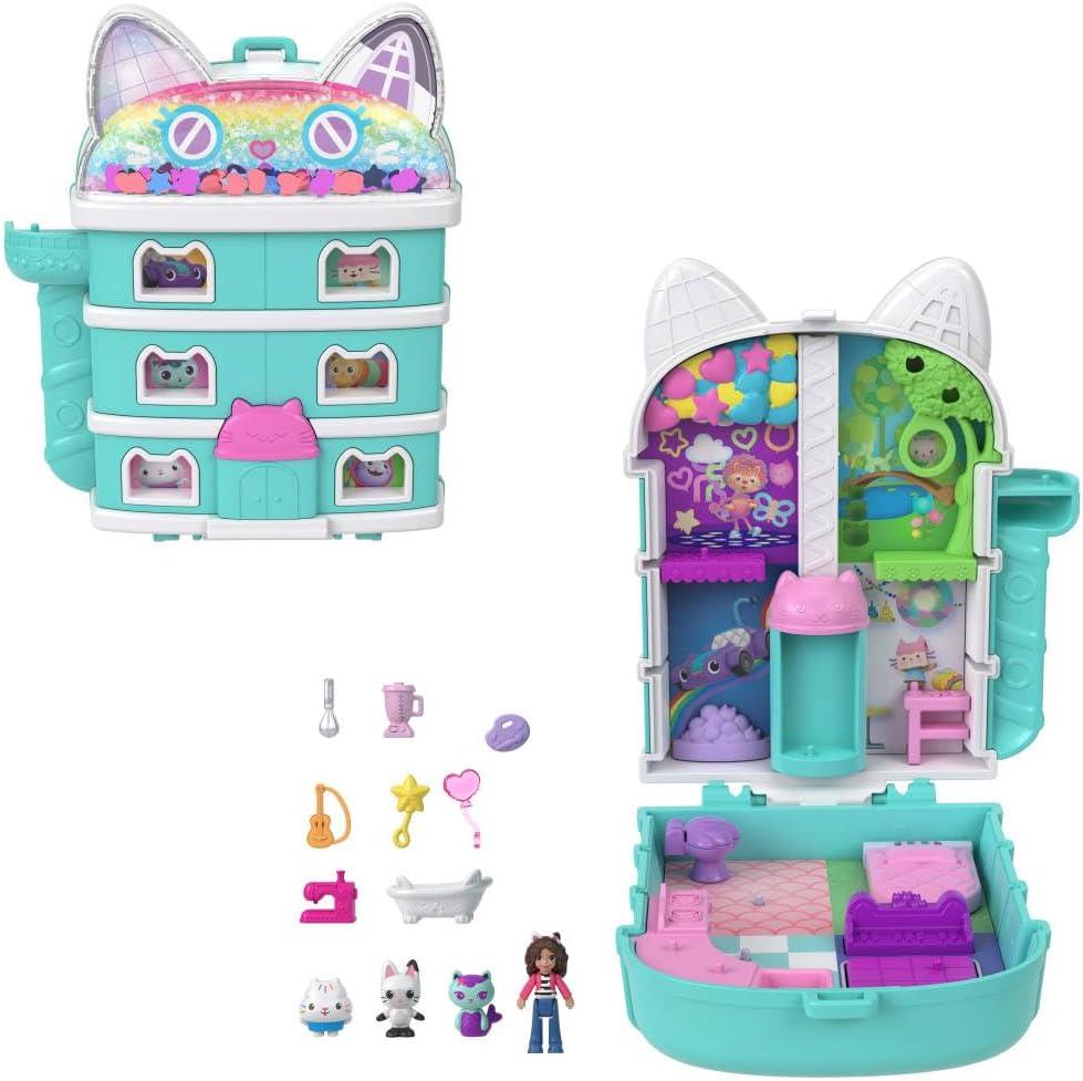 Polly Pocket x Gabbys Dollhouse Compact, Micro Dolls and Playset, 9 Themed Accessories, Pandy Paws, Cakey, & Mercat Pet Friends