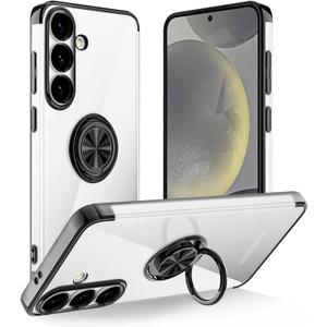 Designed for Samsung Galaxy S24 Clear Case with Stand [Magnetic Ring Holder Kickstand] Soft TPU Bumper Non-Yellowing Anti-Scratch Lightweight Slim for Samsung Galaxy S24 Case Black