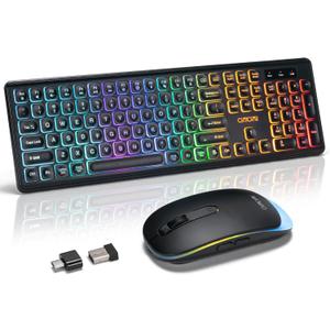 Wireless Keyboard and Mouse Combo, Rechargeable Rainbow LED Light Up Keyboard and Mouse 2.4GHz Quiet Mouse and Keyboard for Mac, Windows, Laptop, PC Xbox PS4 PS5 (Office/Gaming) (Wireless)