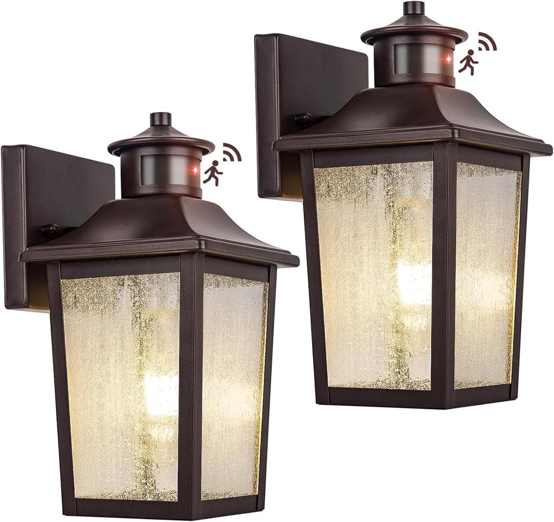 Oil Rubbed Bronze Motion Sensor Outdoor Lights 2 Packs - Waterproof Dusk to Dawn Outdoor Lighting, Brown Exterior Garage Light Fixture, Porch Light Outside Wall Mount for House, Front Door, Anti-Rust