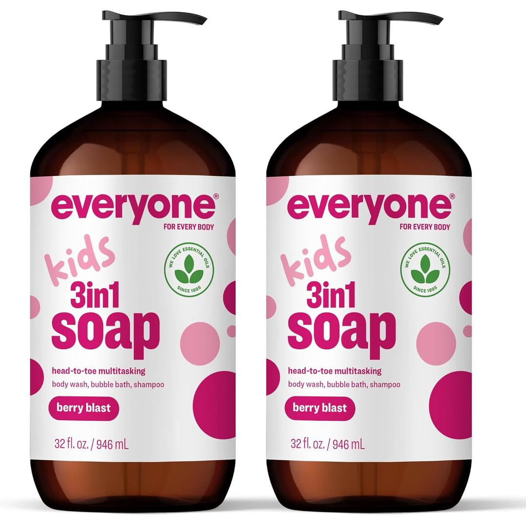 Everyone 3-in-1 Kids Soap, Body Wash, Bubble Bath, Shampoo, 32 Ounce (Pack of 2), Berry Blast, made with Essential Oils for Toddlers, Tweens and Teens