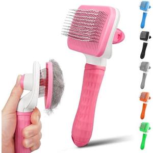 PWOD Dog & Cat Brush, Self Cleaning Slicker Brush for Pets, Upgraded Dog Brush for Shedding Massaging and Grooming, Removes Loose Undercoat & Portable Comb for Long Short Haired Dogs(Pink)