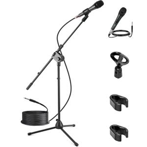 Pyle Dynamic Microphone and Tripod Stand-Height Adjustable from 2.6' to 5.1 Telescoping Boom Arm Mic Length 7.48'' Inch w/Acoustic Pop Filter-Includes 15' ft XLR Cable PMKSM20, Black