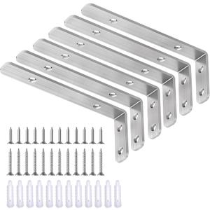 LSK L Bracket, 5"2"(12550mm) Heavy Duty Stainless Steel Corner Bracket for Wooden Board Max Load : 42lb, Pack of 6, 5inch, Silver