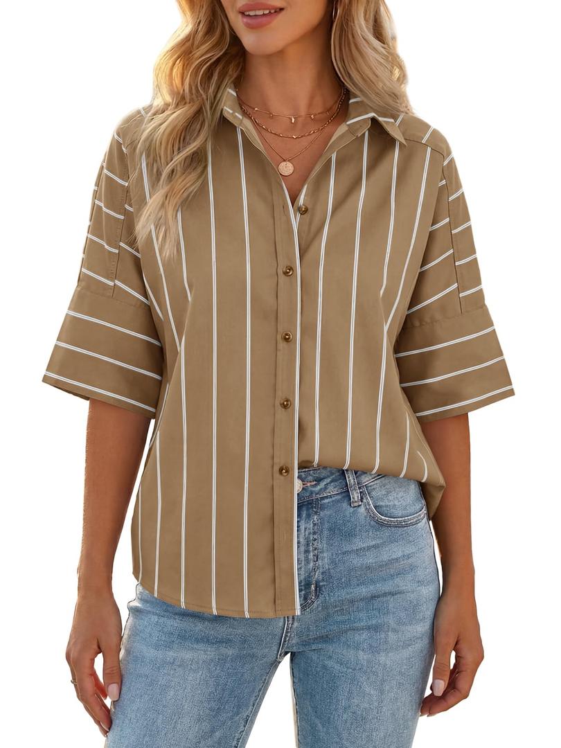 Cicy Bell Women Striped Button Down Shirt Short Sleeve Collared Blouse Tops (Brown)