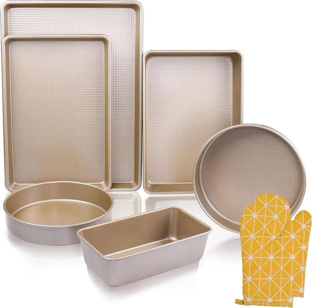 Kitcom Nonstick Bakeware Sets Textured 6-Piece with Cookie Sheet Set, Roasting Pan, Round Cake Pan, Loaf Pan, Heavy Duty Carbon Steel Premium Baking Pans, Champagne Gold Kitcom Nonstick Bakeware Sets Textured 6-Piece with Cookie Sheet Set, Roasting Pan, Round Cake Pan, Loaf Pan, Heavy Duty Carbon Steel Premium Baking Pans, Champagne Gold