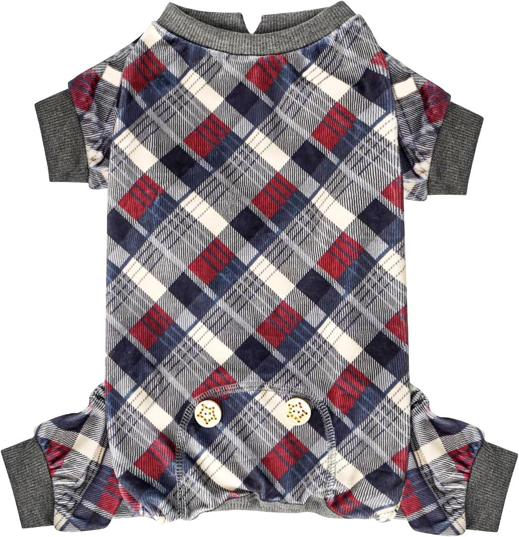 KYEESE Dog Pajamas Plaid Dog Pajamas for Small Dogs Boy Girl Comfy Coat Soft Doggie Jammies Stretchy Onesie Pet Clothes Velvet Pjs, Grey, Medium 
