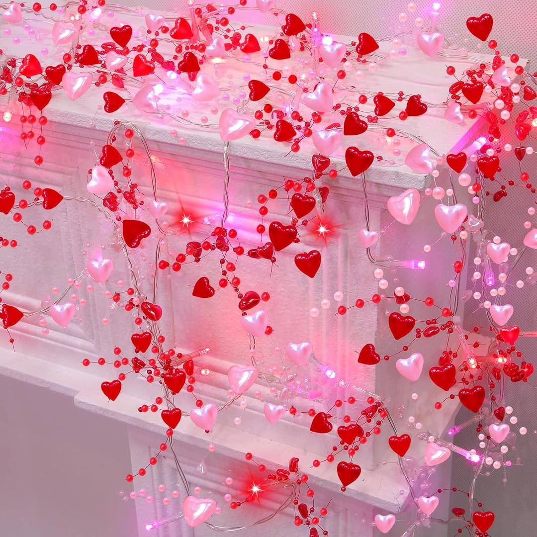 [Timer] 2 Pack Valentines Day Decorations Pink&Red Hearts Lights, Valentines Day Garland with Lights Total 13Ft 40LED Beads Hearts String Lights Battery Operated Valentines Day Lights for Home Bedroom