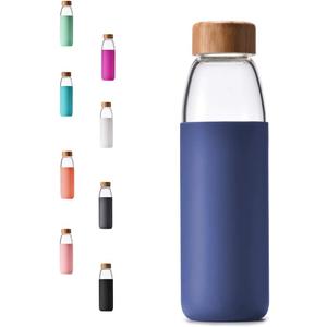 veegoal 18 Oz Borosilicate Glass Water Bottles with Bamboo Lid, BPA-FREE, Non-Slip Silicone Sleeve, and Stainless Steel Leak Proof Lid - Reusable Glass Bottle for Men and Women (Sapphire Blue)