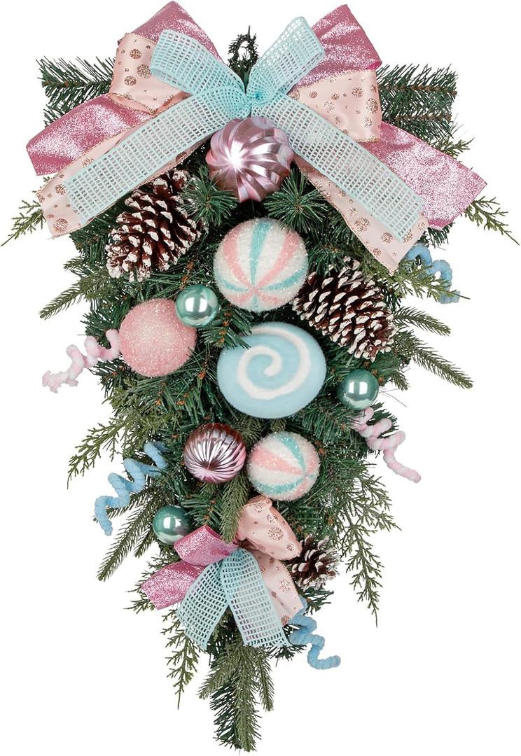 Hollyone Pink Christmas Swag 29" Candy Cane Wreath with Bow Christmas Swags for Decorating Outdoor Indoor Teardrop Swag for Front Door Window Swags with Pine Cone Xmas Ball Ornament Home Hanging Decor