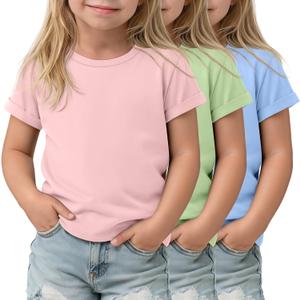 3 Pack Toddler Girls Short Sleeve T-Shirts | Crewneck, Rolled Cuffs, Summer Tee, Solid Color, Casual Kids Tops, for Ages 18M-5T
