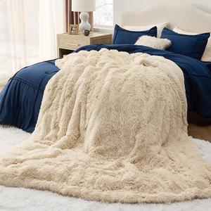 Bedsure Fluffy Beige Blankets Queen Size for Bed, Thick Sherpa Faux Fur Fleece Fuzzy Plush Winter Warm Heavy Soft Full Queen Blankets, Bedroom Decor Beige Gifts Cozy Gifts for Women Men, 90x90