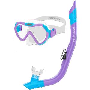 Body Glove Aquatic - Grape Youth - Mask and Snorkel Combo - Snorkeling, Diving, and Swimming-Adult-Tempered Glass-Silicone-Flex Tube-Snorkel Dry top-Splash Guard
