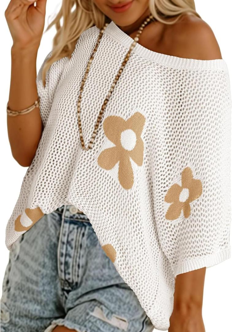 SELINK Flower Crochet Tops for Women Short Sleeve Hollow Out Sweaters Swimsuit Cover Ups Lightweight Knit Pullover, L